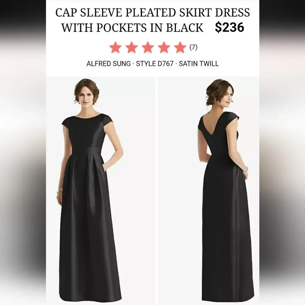 NWT Alfred Sung Cap Sleeve Pleated Skirt Dress Pockets Black Maxi Dress Size 2 - Picture 13 of 13